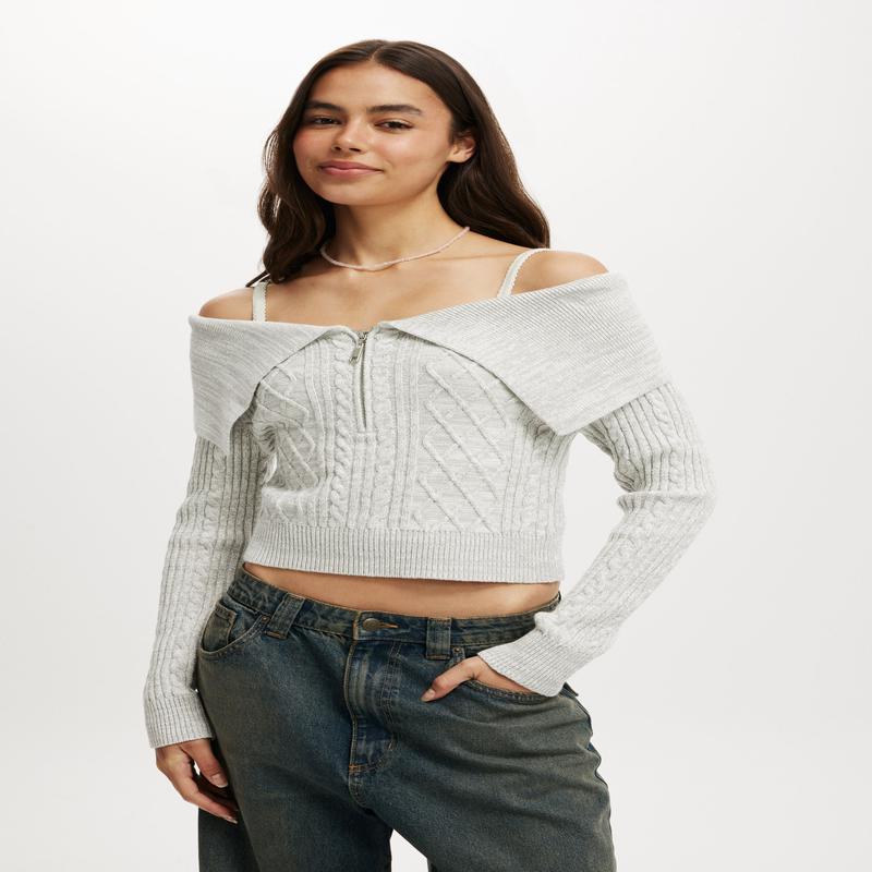 Cable Zip Off Shoulder Knit