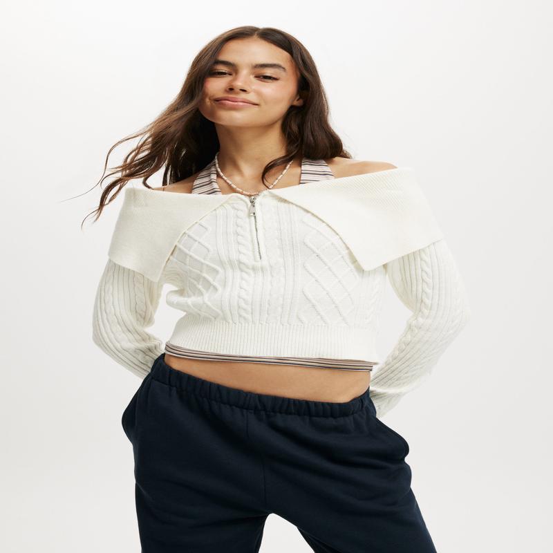 Cable Zip Off Shoulder Knit