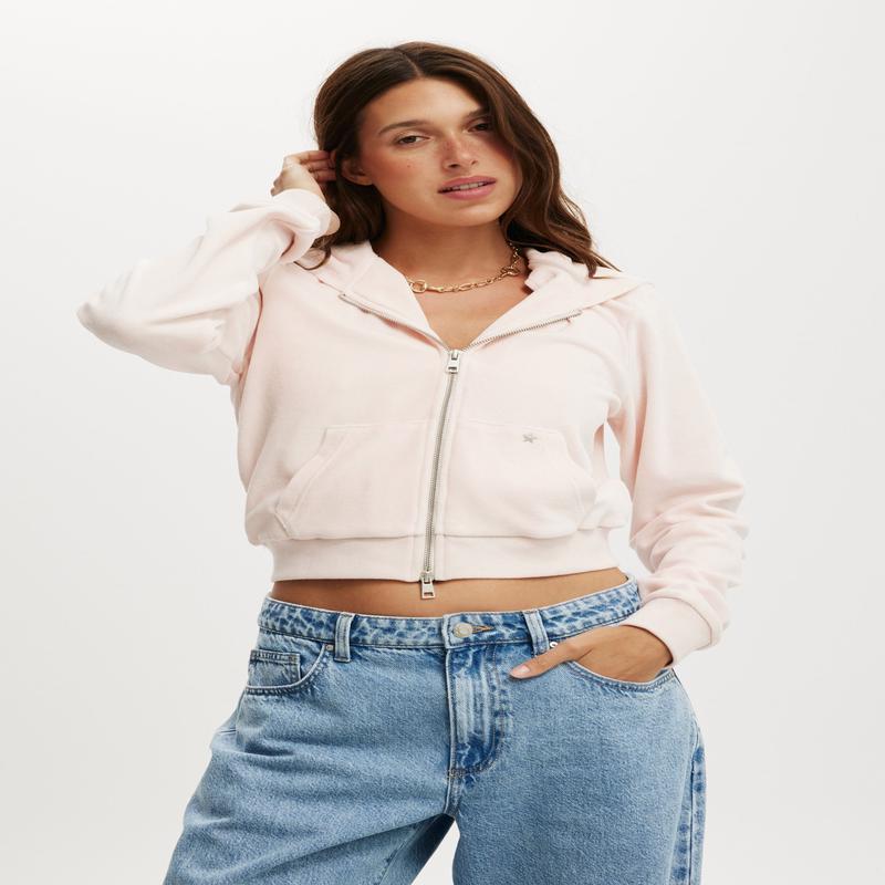 Velour Fitted Zip Through Hoodie